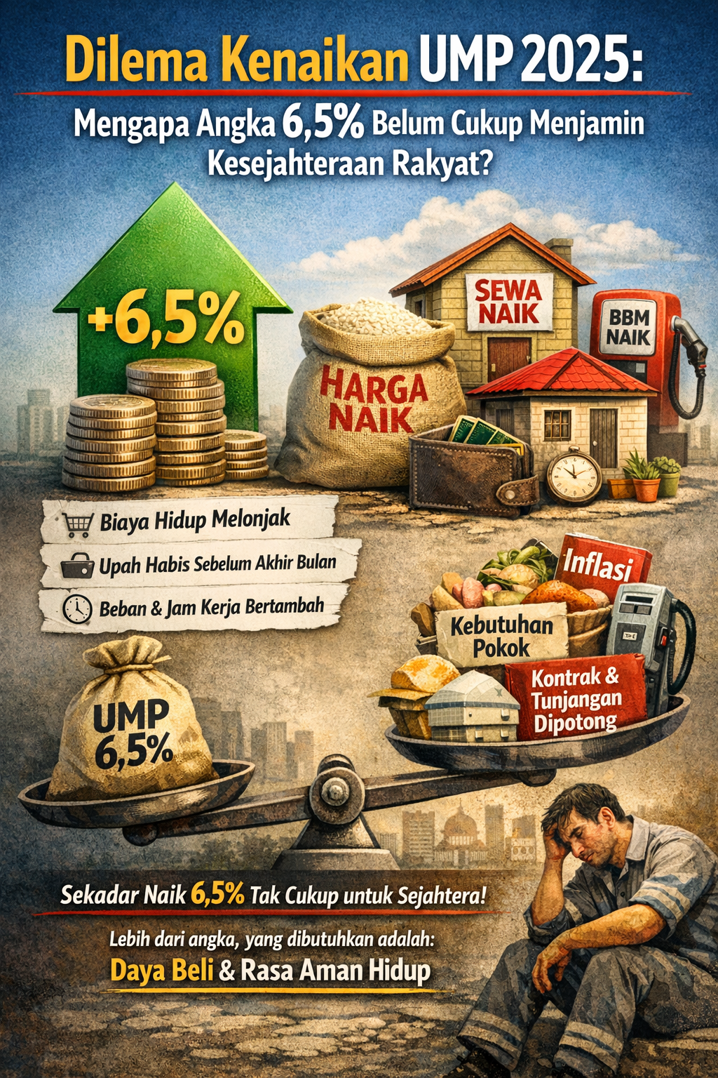 Dilema UMP 2025 dan dampaknya terhadap kesejahteraan rakyat, UMKM, pekerja informal, serta tantangan ekonomi nasional.