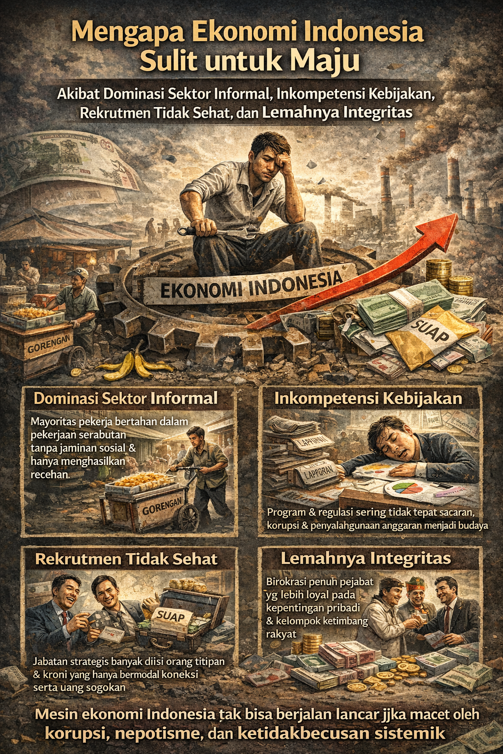 Mengapa ekonomi Indonesia sulit untuk maju akibat dominasi sektor informal, inkompetensi kebijakan, rekrutmen tidak sehat, dan lemahnya integritas.