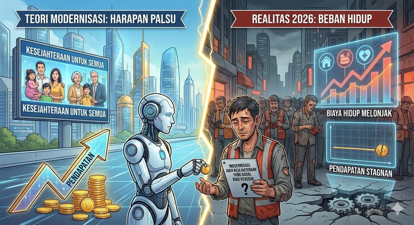 Ilustrasi pekerja menghadapi krisis biaya hidup di era modernisasi