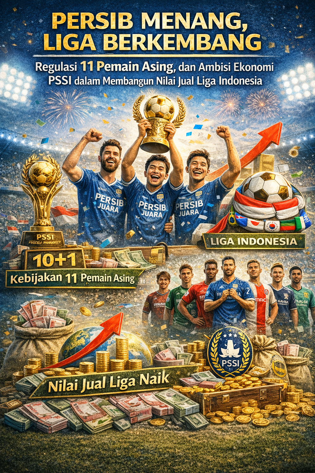 Persib menang, liga berkembang, regulasi 11 pemain asing, dan ambisi ekonomi PSSI dalam membangun nilai jual Liga Indonesia.