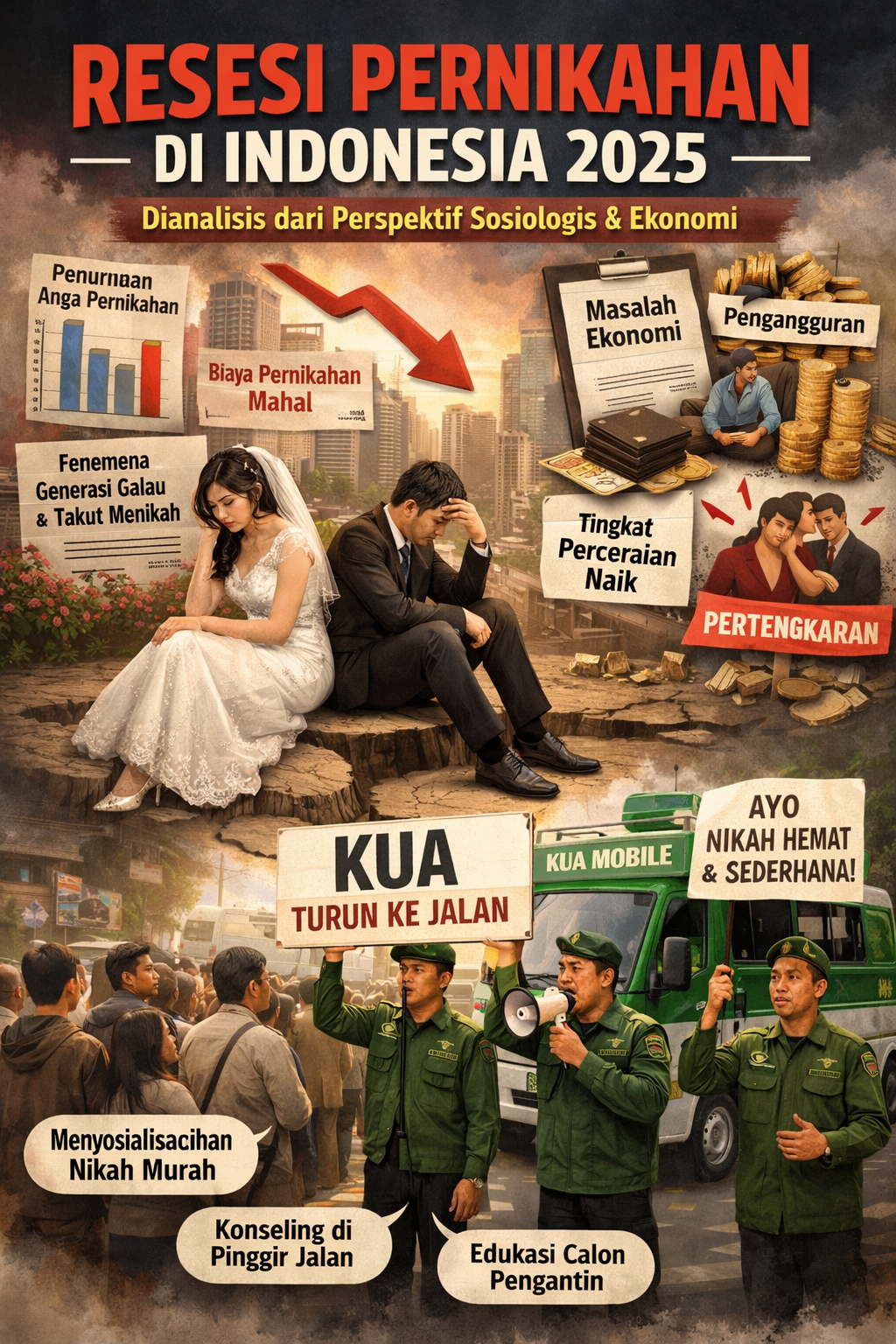 Resesi Pernikahan di Indonesia 2025 dianalisis dari perspektif sosiologis dan ekonomi, termasuk fenomena KUA turun ke jalan.