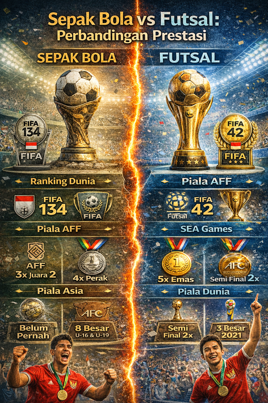Perbandingan sepak bola vs futsal di Indonesia dari sisi prestasi, ranking dunia, aksesibilitas, dan pembinaan atlet.